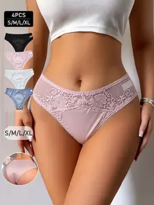 4 Pcs Women's Satin Lace Mesh Underwear, Panties, Sexy Plain Fitted Casual Everyday Undergarments, All-Seasons High-Waisted Bottoms, Elegant Design