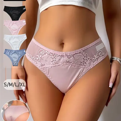 4pcs/5pcs Women's Satin Lace Mesh Underwear, Sexy Slim-Fit Panties, Casual Comfy Panty, Plain Design, All Seasons, Casual Style, Comfortable & Stylish