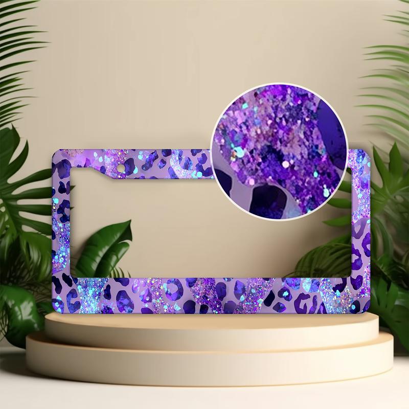 1pc Purple Leopard Print with Glitter License Plate Frame, License Plate Cover for Car Decorative Parts, Aluminum License Plate Bracket Holder Rust-Proof Rattle-Proof Weather-Proof for US Standard Car