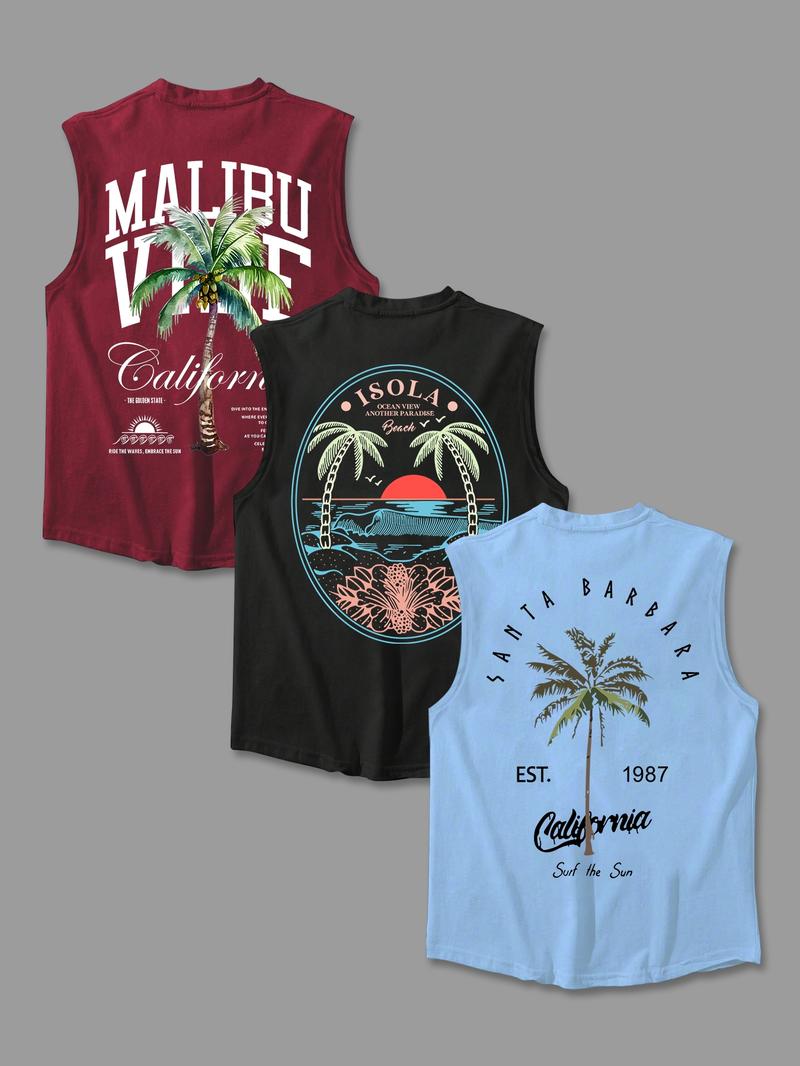 Men's Letter & Palm Tree Print Round Neck Tank Top, Regular Fit Casual Graphic Sleeveless Vest for Summer, Men's Top for Daily Wear, Menswear, Tank Tops Workout