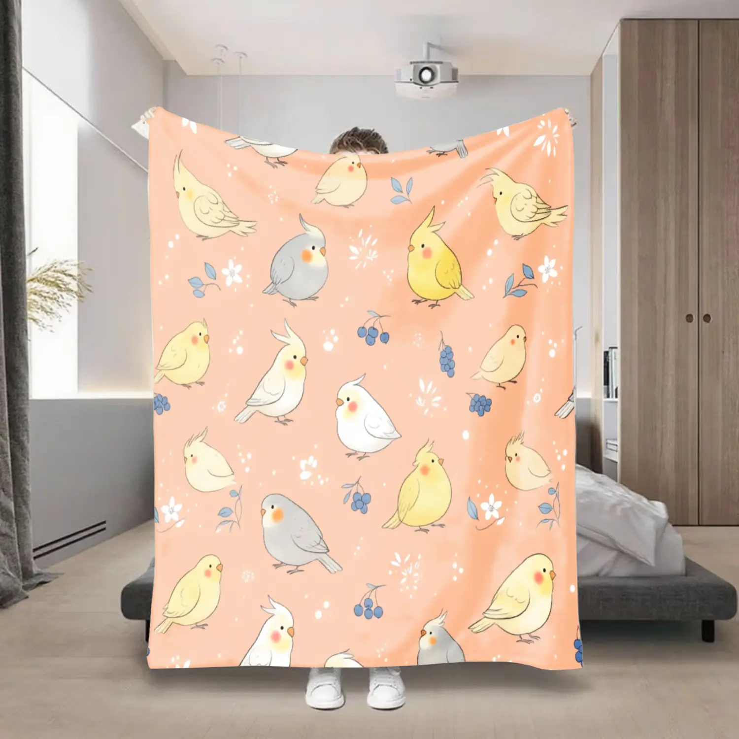 1Pc Soft All-Seasons Flannel Blanket - Cute Birds & Floral Pattern, Machine Washable for Living Room, Travel, Mother's Day Gifting