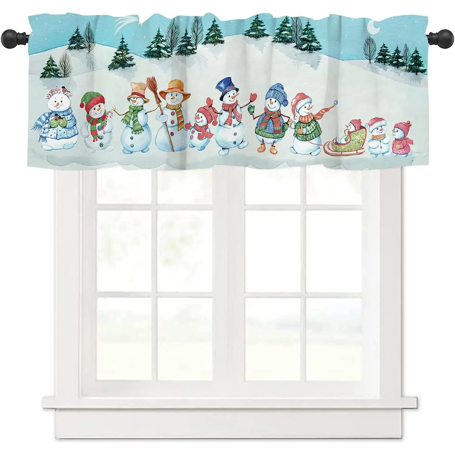 Christmas Valance Curtains for Windows, Christmas Snowman Winter Snowy Christmas Tree Kitchen Valances for Windows Heat Insulated, Window Treatments for Kitchen Bathroom Bedroom 54 x 18 inch