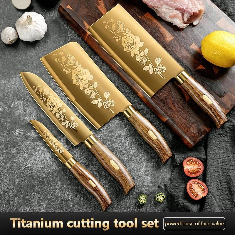 Rose Pattern Kitchen Knife Set, 4 Counts/set Stainless Steel Cooking Chef Knife, Sharp Professional Kitchen Tools for Home Dining Room Barbecue