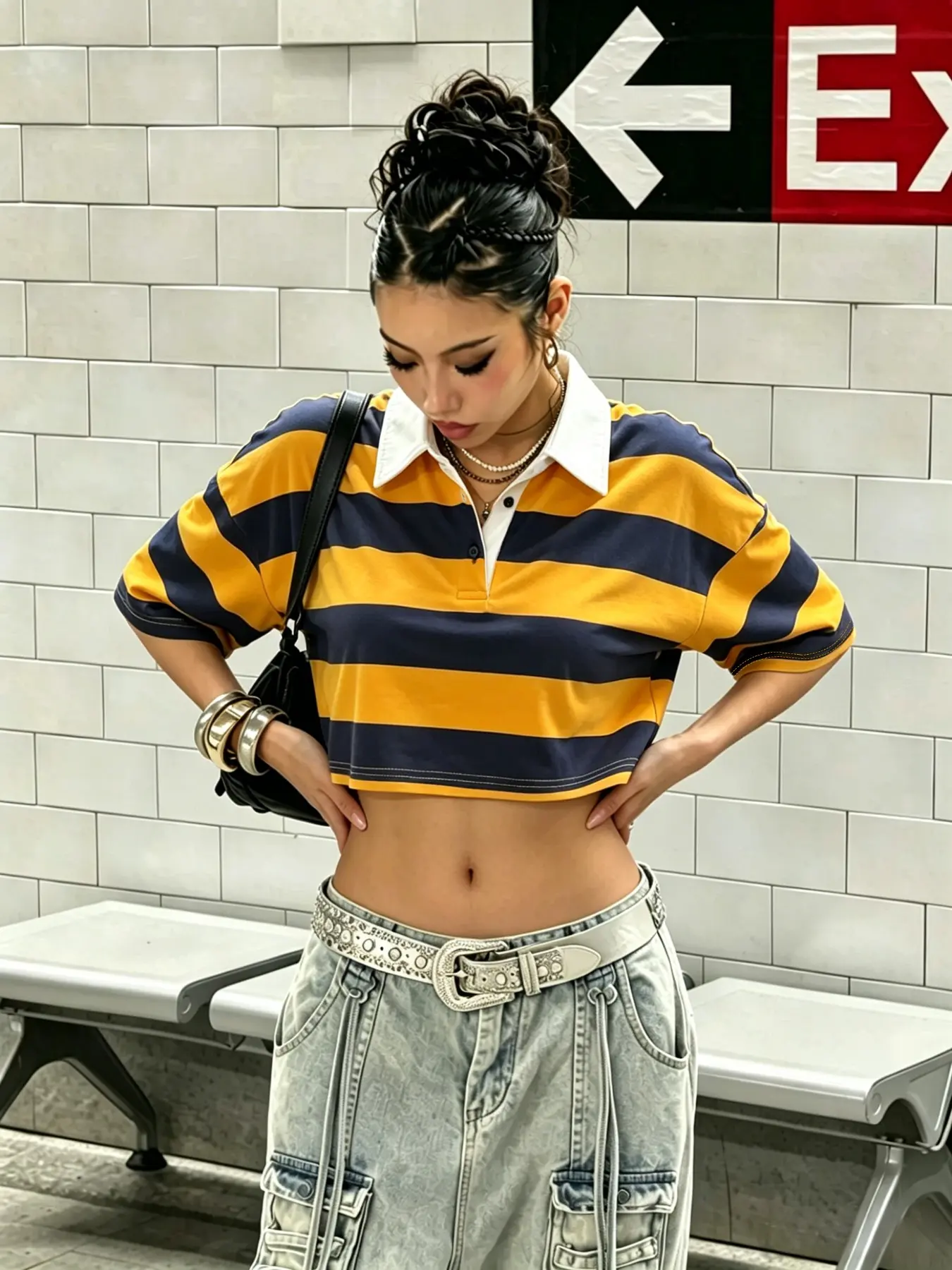 Two Color Options Millennial Striped Short Oversized Polo Shirt for Women, College Collar Short Sleeve Crop Top, Retro Street Casual Style Vibe