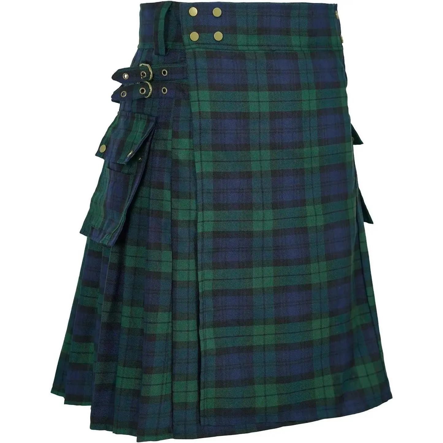 Men's Scottish-Irish Hybrid Utility Kilt with Pockets, Royal Stewart Tartan Apparel, Black Kilt Pin
