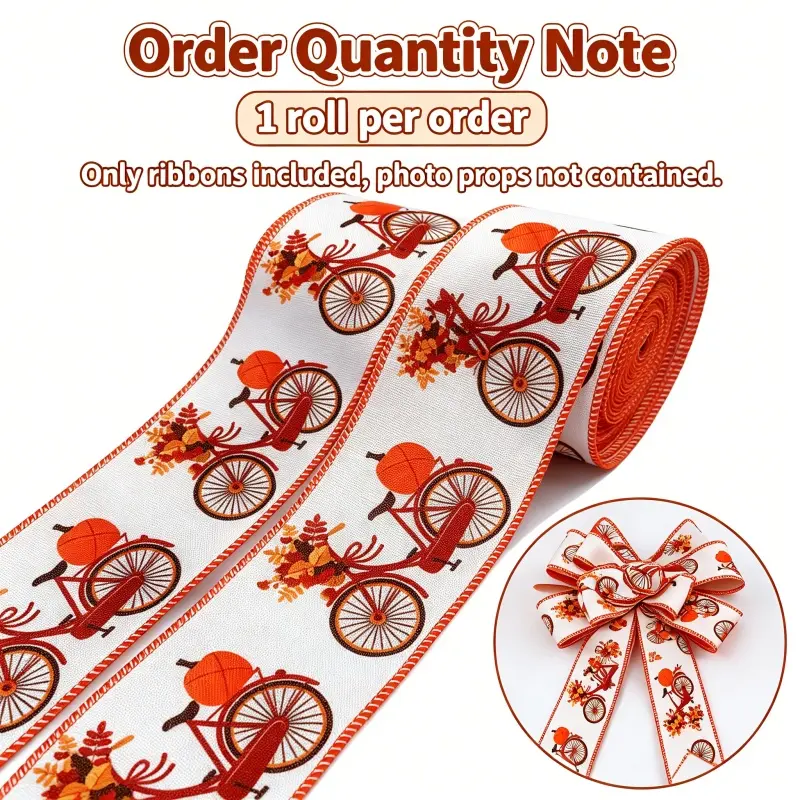 5yd/63mm(2.5inch) Wired Ribbon Fall Harvest Thanksgiving Bicycle Pumpkin Orange-brown Bow Ribbon Holiday Decor Floral Decor Gift Wrapping Wreath Decor Handmade DIY