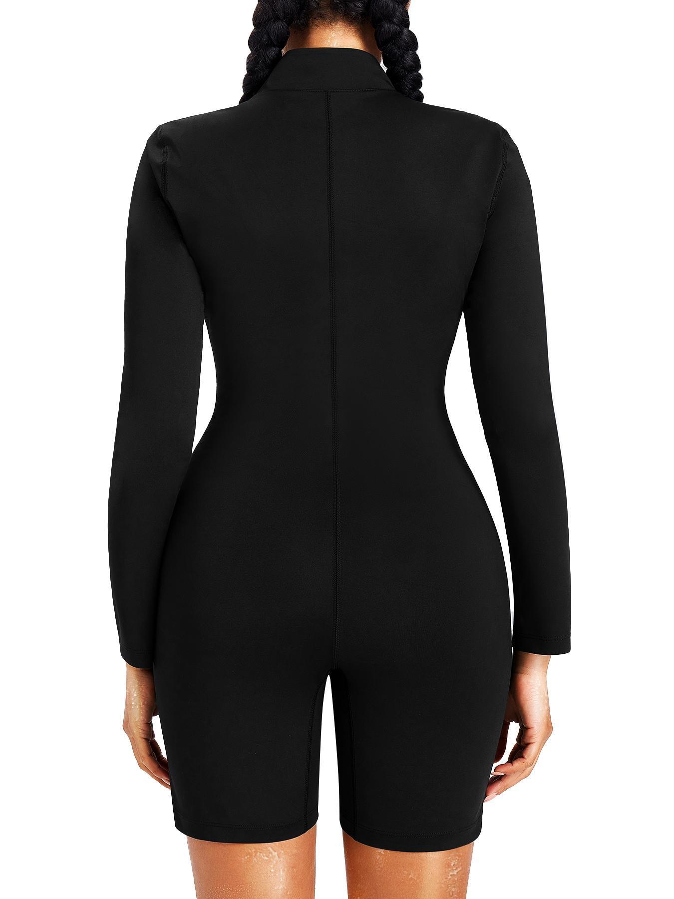 Women's body shaping + sauna sweating dual-function tummy control jumpsuit, thermal control fiber coated fabric promotes sweating and slimming, jumpsuit long sleeve shorts suitable for all seasons