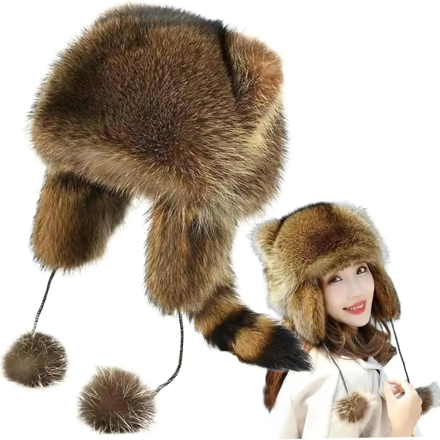 Women's Raccoon Tail Faux Hat - Thick Warm Winter with Tail Detailing, Lightweight Suitable for Daily Outdoors, Camping, Skiing, Themed Parties & Easter