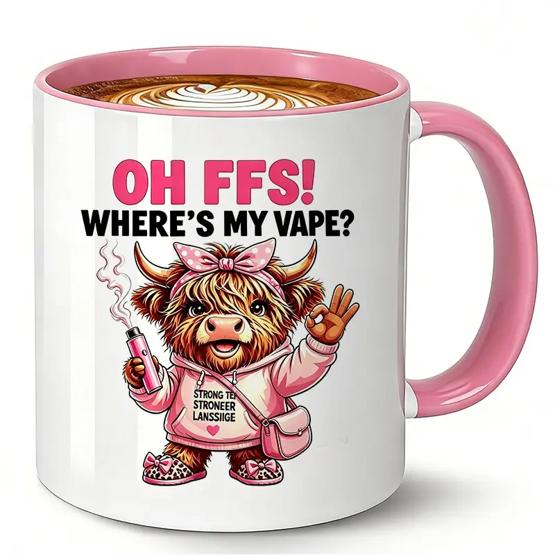 Women's Funny Coffee Mug for Women, 11oz Cup with Pink Handle, Ceramic Tea Mug with Sarcastic Highland Cow & "OH FFS! WHERE'S MY VAPE?" Design, Cute Novelty Birthday & Christmas Gift for Cow Lovers, Vapers, Girlfriend and Wife