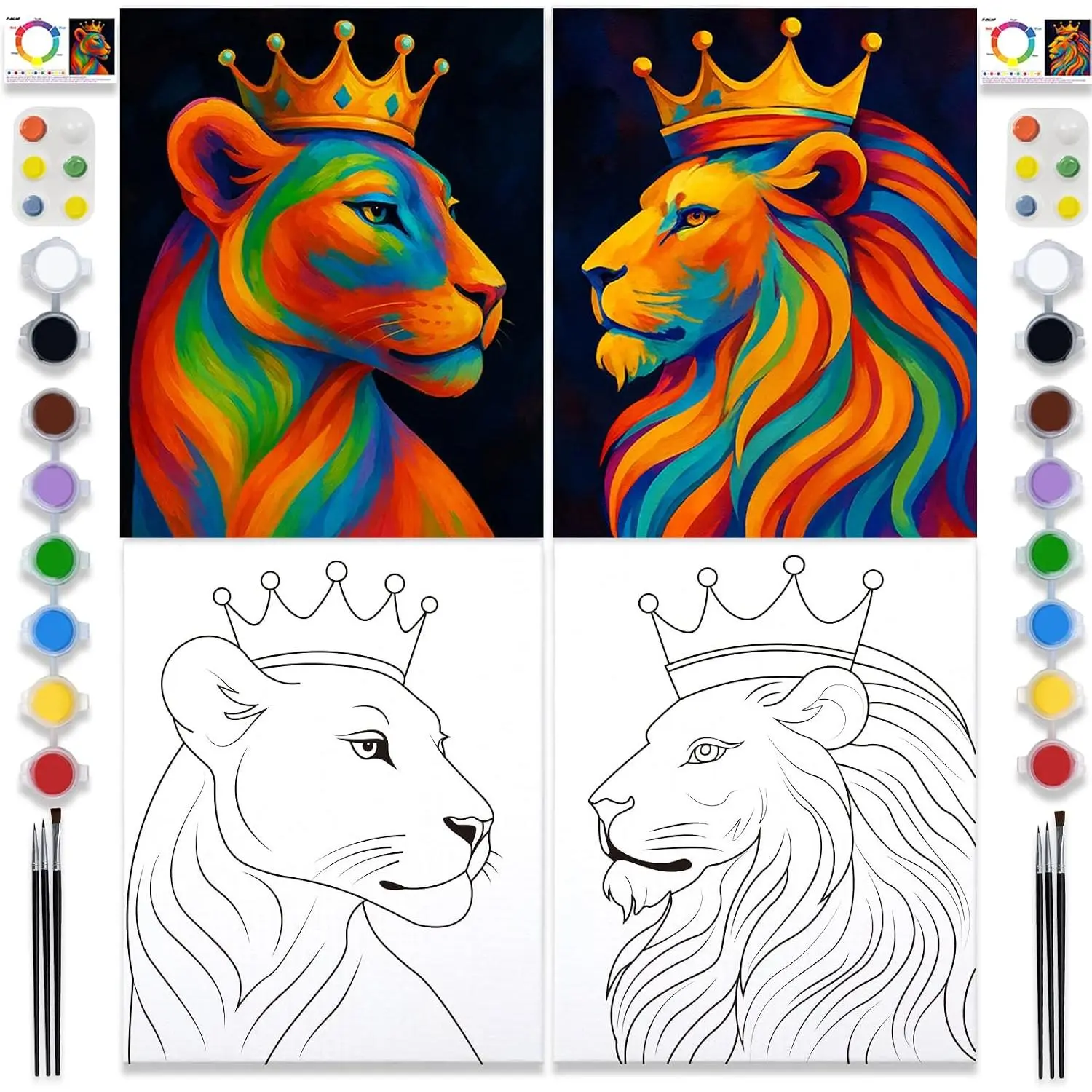 2 Pack Sip and  Kit for Adults Couples Painting Kit Pre Drawn Canvas to  at  Date Night Party Favor Supplies Art Painting Set Lion Couples Activity 8x10