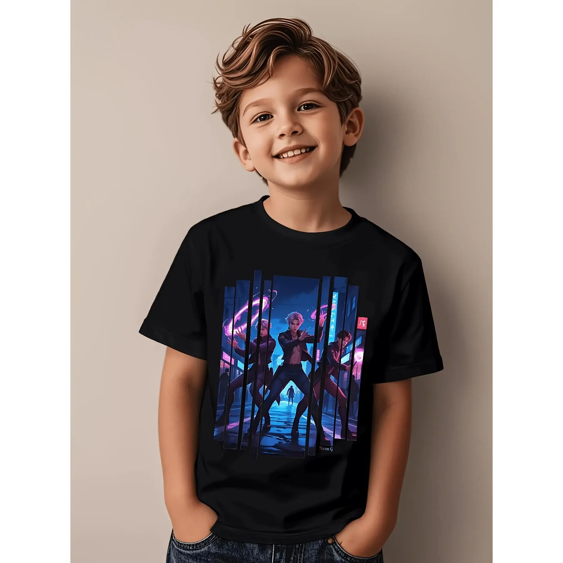 Boys' Anime K-pop Idol Print Paired with Dynamic Stage Design, Round Neck Short Sleeve Casual T-shirt, Suitable for Outdoor Activities, School, and Casual Wear - All-season Fashion and Comfort