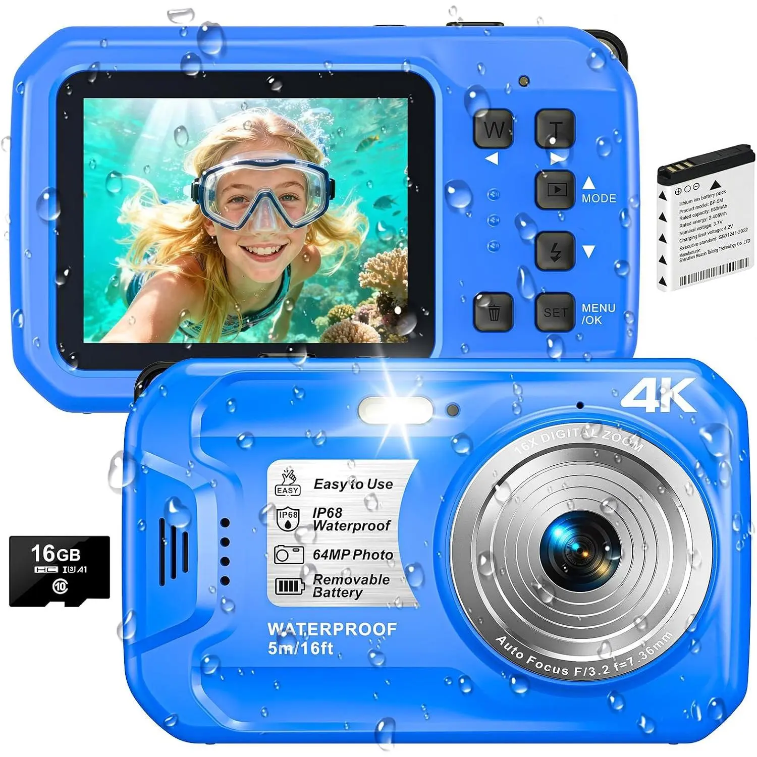 4K Underwater Camera, 64MP 16FT Compact  Camera with 16GB Card | Floatable Digital Camera, 16X Digital Zoom, Auto Focus, Fill Light, 650mAh , Ideal for Travel, Surfing, Swimming