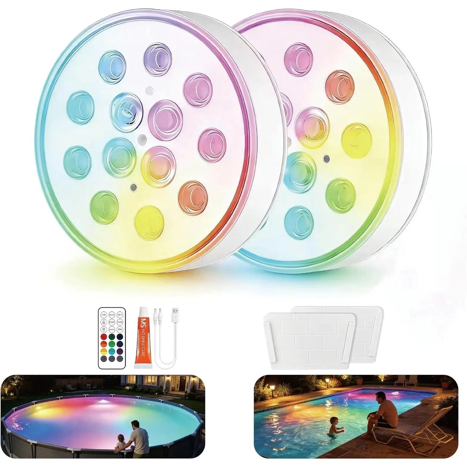 Magnetic Pool Lights for Above Ground & Inground Pools - Rechargeable Underwater RGB 16 Color Submersible LED Lights with Remote Control & Timer, Waterproof, Decor for Hot Tub, Fountain, Party, Vase (2 Pack)