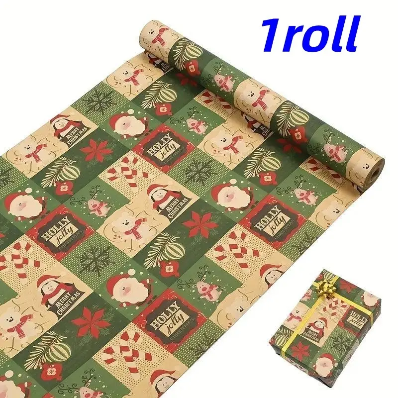 Christmas Wrapping Paper Roll, Festive Santa Claus, Reindeer, Penguin Design, Ideal for Christmas Gift Boxes and Holiday Decorations