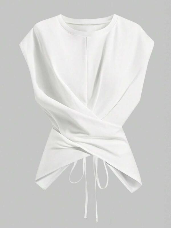 Women's Knitted Round Neck Drop Shoulder Sleeve T-Shirt, Fashion Casual Chic Asymmetrical Ruched Cross Cutout Back Tie Top