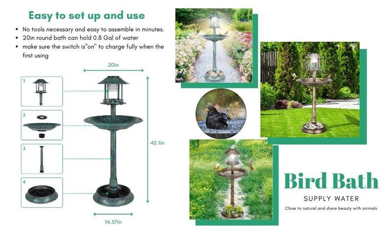 Outvita Outdoor Bird Bath, Garden Bird Baths Decorations with Solar-Powered Lamp and Resin Pedestal Flower Planter Base Bird Feeder for Yard Patio