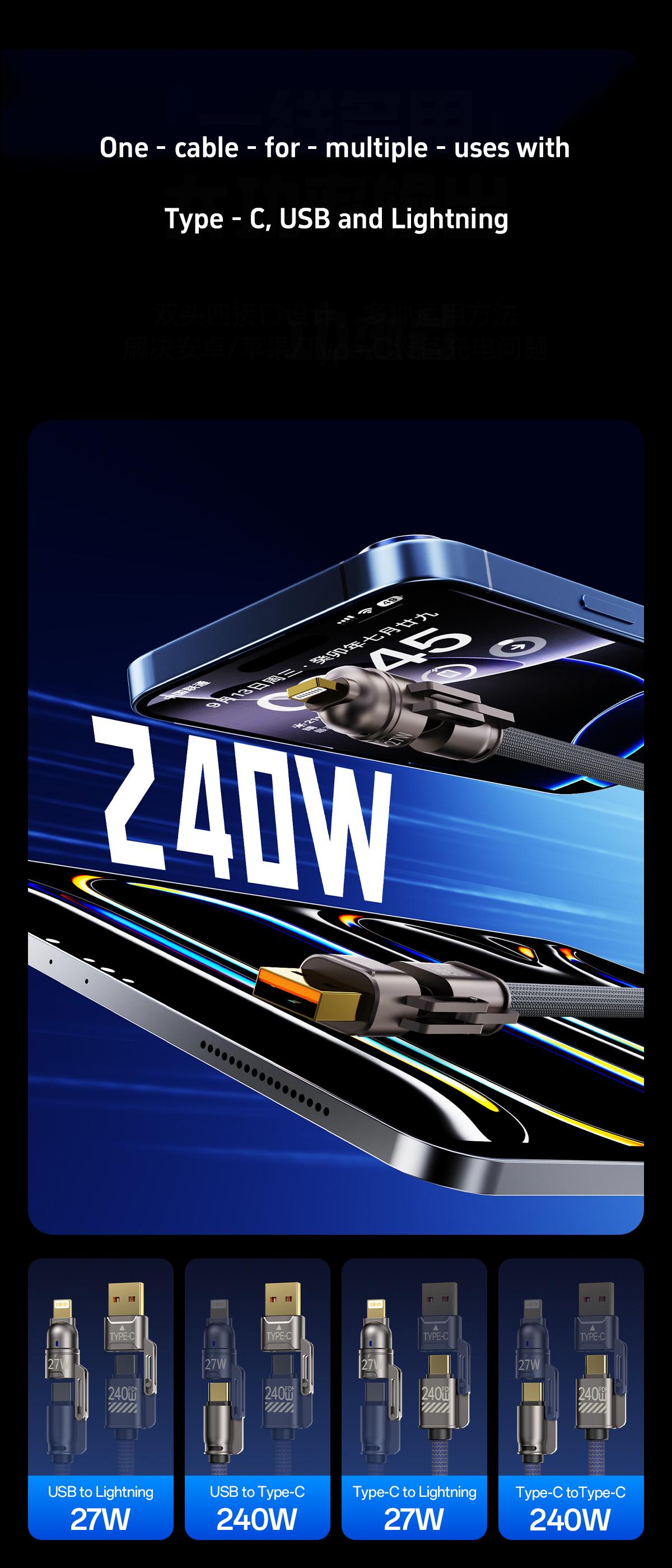 Navy Blue 4-in-1 Fast breathing Charging Cable for Apple Lightning & Android Type-C Devices Braided Wires Compatible with Mobile Phones Laptops Tablets Cellphone Charger 240w USB-C PD Long Cord Bend Resistant