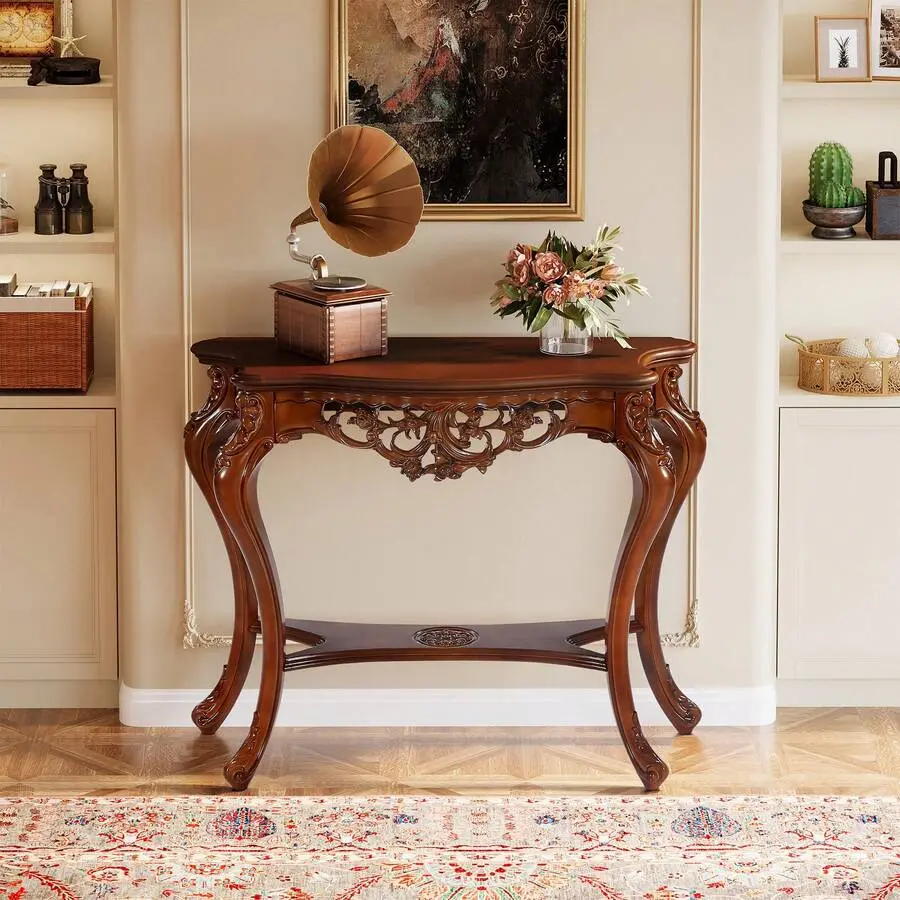 Antique Console Table, 38 Inch Half Moon Sofa Table With Hollow Floral Apron And Cabriole Legs, Vintage Traditional Decorative Furniture Tables Entryway, Hallway, Living Room