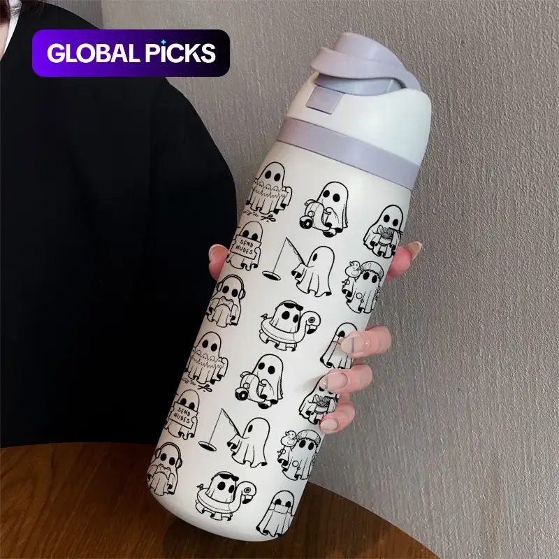 32oz Dual Drink Sports Water Bottle Tumbler Drinkware, Hydration Tumbler, Leakproof Insulated Tumbler, Ghost Pattern, 304 Stainless Steel Vacuum Insulation, Large Capacity Fruit Cup, Perfect Summer Gift