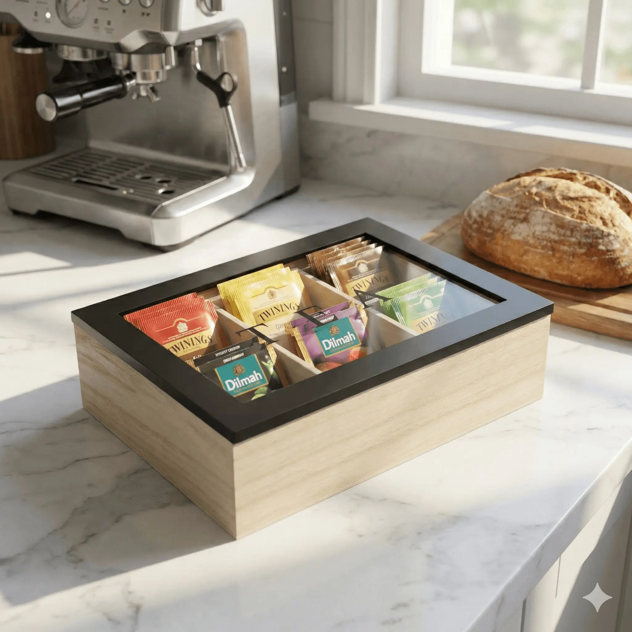 Wooden Tea Bag Organizer with Transparent Glass Lid, 6-Compartment Countertop Storage Box, Kitchen Coffee Sugar Packet Holder, Decorative Storage Organizers, Divided Storage