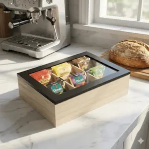 Wooden Tea Bag Organizer with Transparent Glass Lid, 6-Compartment Countertop Storage Box, Kitchen Coffee Sugar Packet Holder