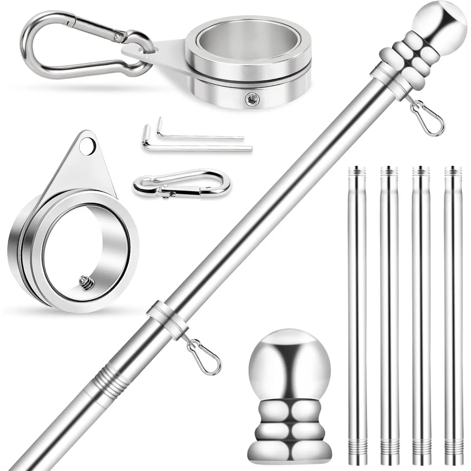 House Flag Pole, 5 FT Metal Spinning Flagpole Kit, 1" Tangle Free Stainless Steel Flag Pole with 360° Flagpole Rings for Outside House Porch Residential Wall Mount for 3x5 Flag, Without Bracket