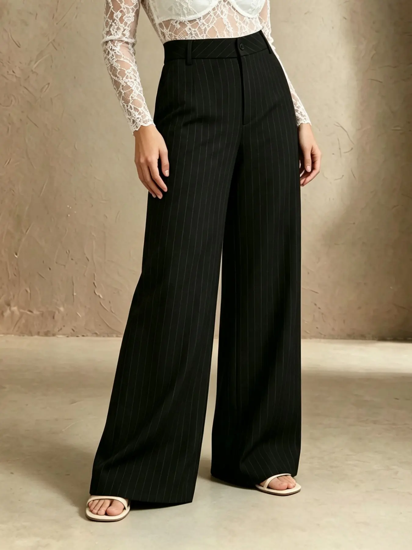 Plus Size Women's Vertical Stripe High Waist Wide Leg Pants, Elegant Office Straight Suit Pants, Slimming and Shaping, Daily and Workwear