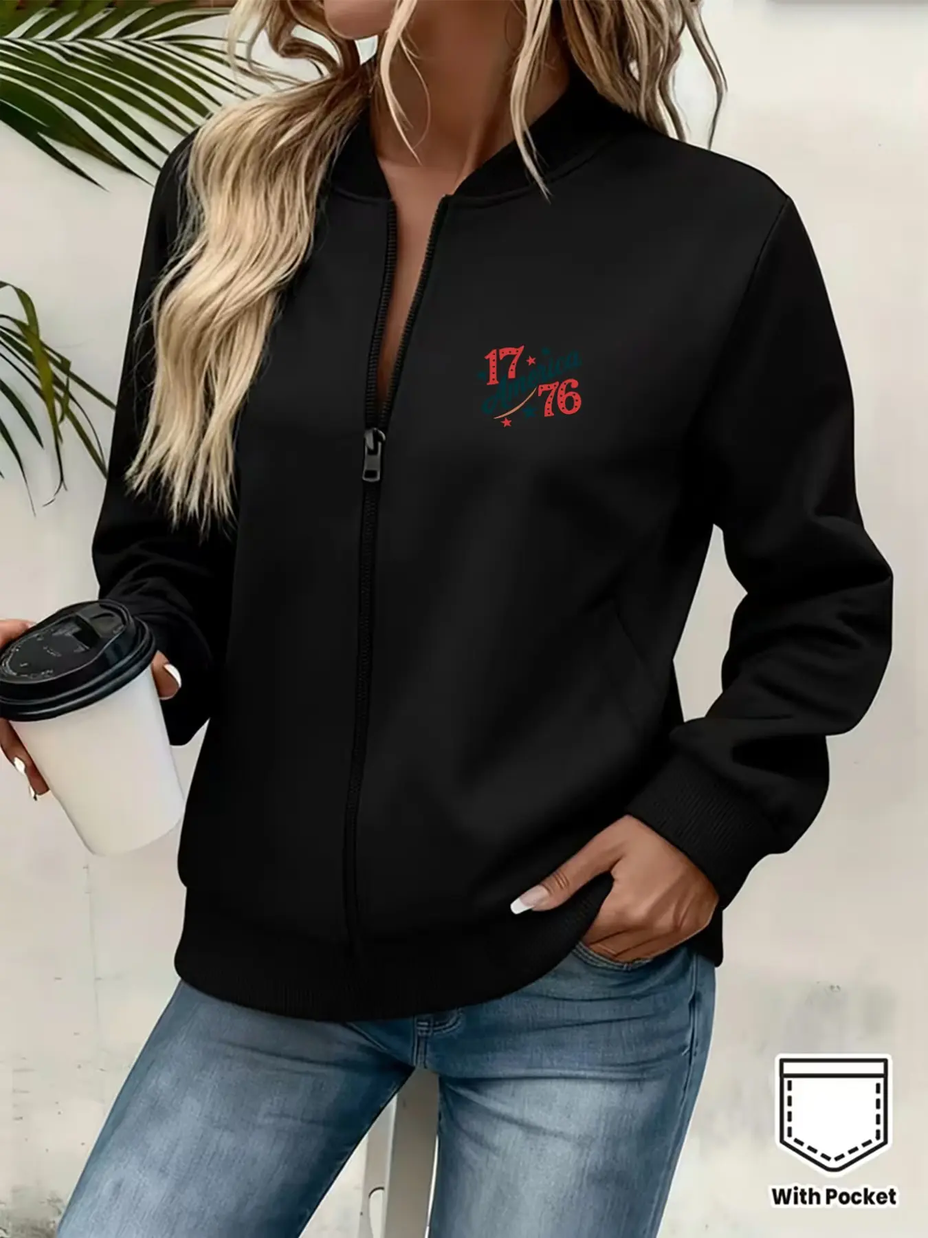 America 1776 Independence Day Print Long Sleeve Baseball Jacket for Women, Casual Zipper Open Front Coat with Pockets, All-Season Slim Fit