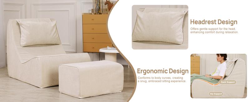 Giant Bean Bag Chair for Adults - Indoor Chaise Lounge with Neck Pillow & Ottoman, All-in-One Sponge Design, Comfy Floor Chair for Reading, Gaming, Napping, and Movies (Khaki)