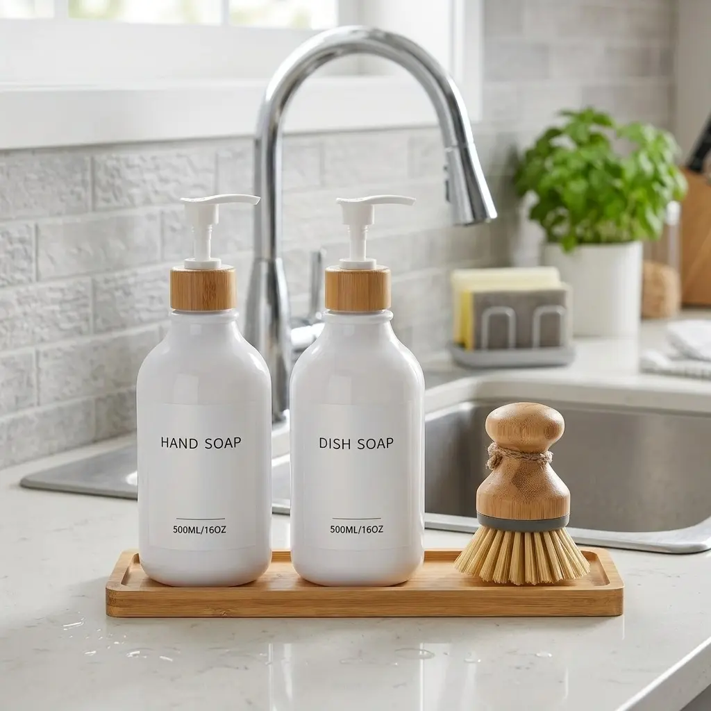 Kitchen Soap Dispenser Set 16 oz Dishwashing Dispenser Dish Soap Dispenser with Tray and Dish Brush Plastic Soap Dispenser Set with Waterproof Labels for Hand Soap Dish Lotion Liquid Soap Dispenser