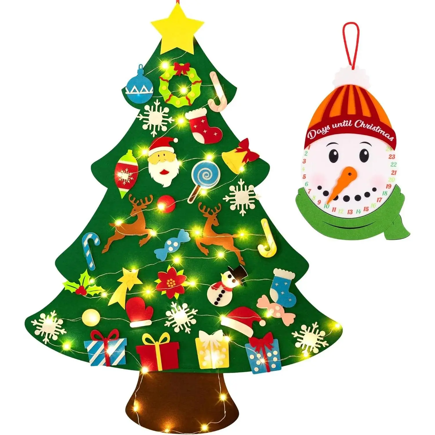 Upgraded Felt Christmas Tree Set - Christmas Decorations 2025 with 33Detachable Ornaments & Snowman Advent Calendar& LED Lights| DIY Wall Hanging Kit for Kids, Home Party Gift