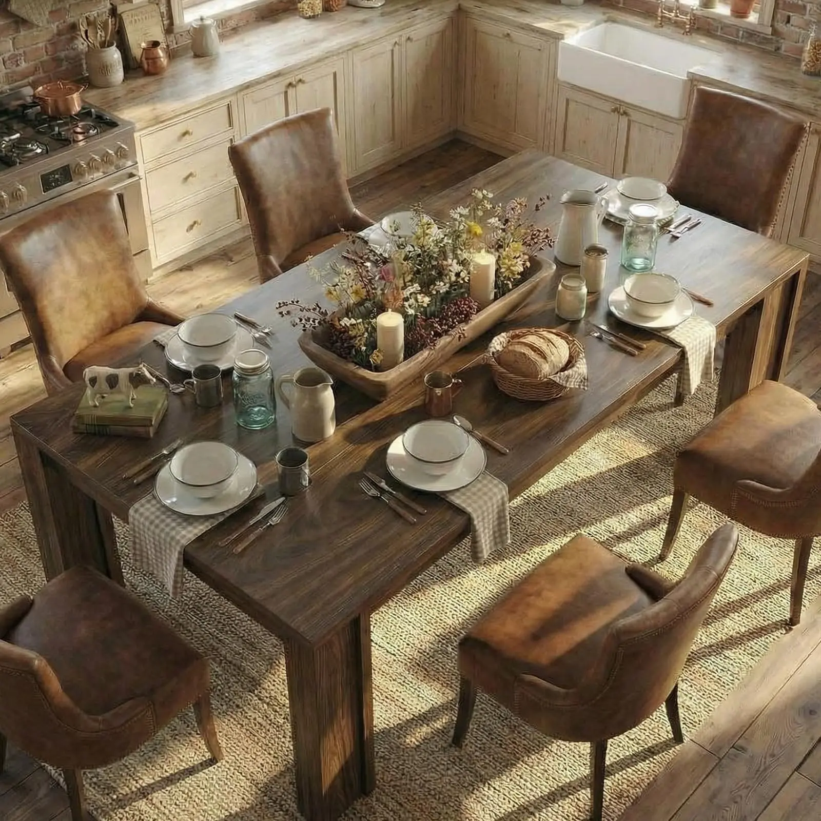 71" Long Dining Table, Farmhouse Rectangular  Sturdy Wood Strip Wood Frame Kitchen Table with Wide H-Legs & Thick Top, for Dining Room, Apartment & Kitchen(No chairs)