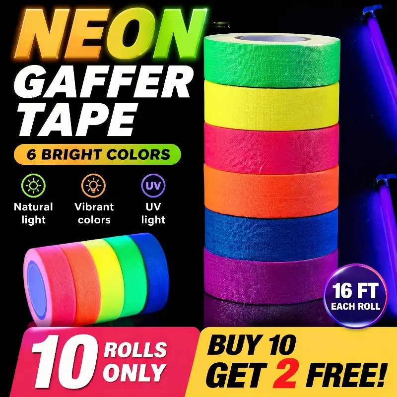 6 Color Neon UV Glow Gaffer Tape, Fluorescent Cloth Tape for Office File Marking & Storage Classification, Buy 10 Get 2 Free