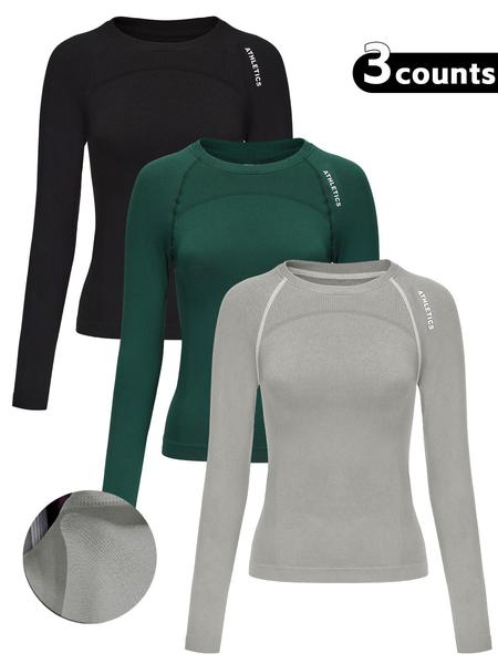 Women's Letter Print Baselayer Top, Long Sleeve Round Neck Compression Top for Yoga Gym Workout, Ladies Sportswear for Fall & Winter, Athletic Compression Shirt