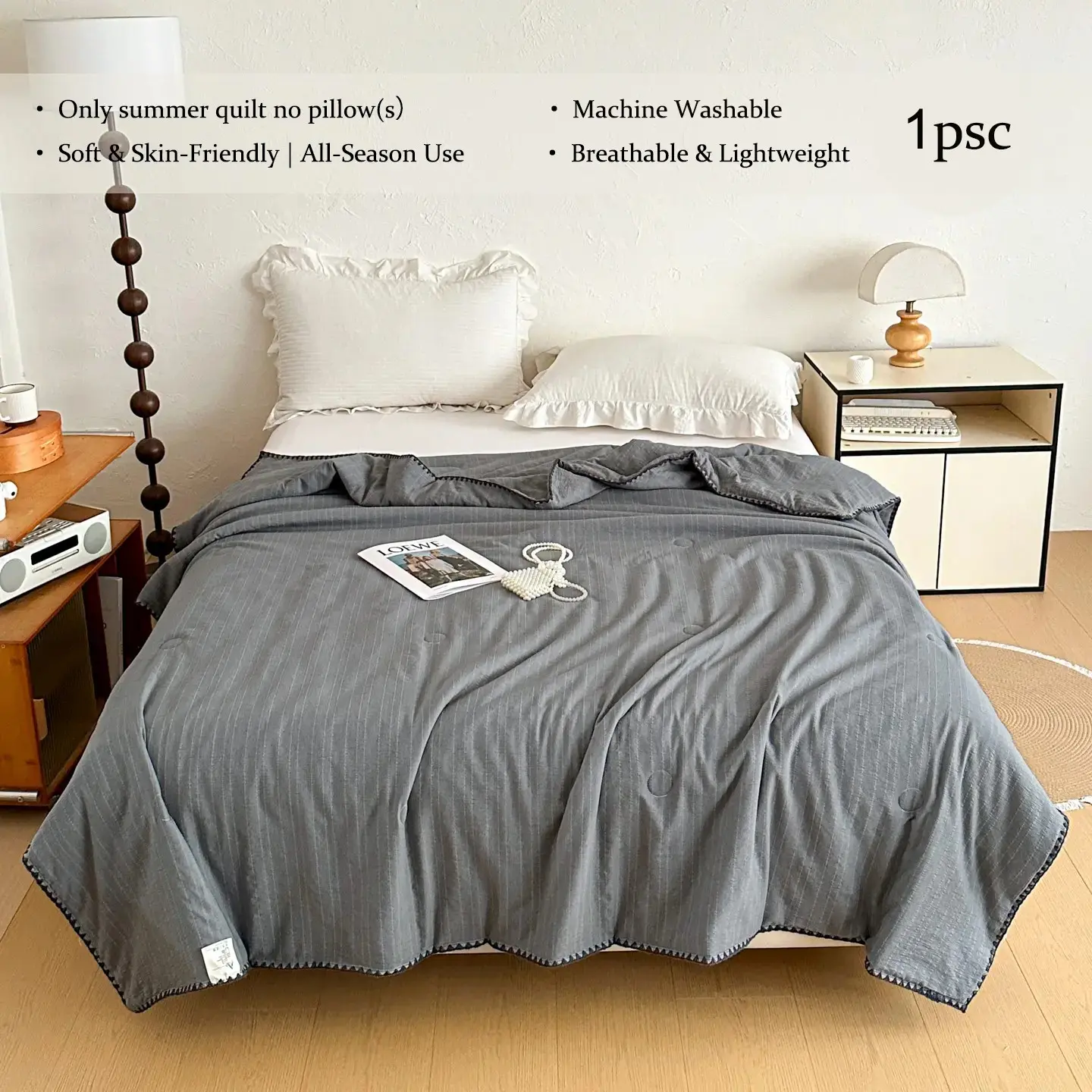 1pcs Solid Color Japanese Minimalist Summer Comforter, Simple Neutral French Style Air Conditioning Blanket, Yarn-Dyed Jacquard Striped Pattern Single & Double Size, Quilted Fixed Filling Machine Washable, Soft Skin-Friendly Breathable Summer Quilt