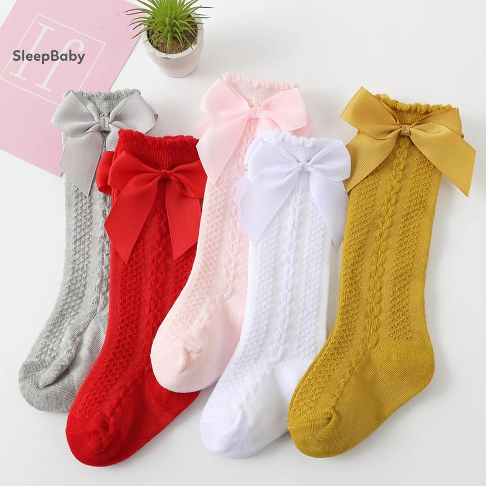 Infant Girls' Knee-High Cotton Socks, Knitted Lolita Style with Bow Accent for Baby and Toddler Girls 0-2 Years, Girls' Wear