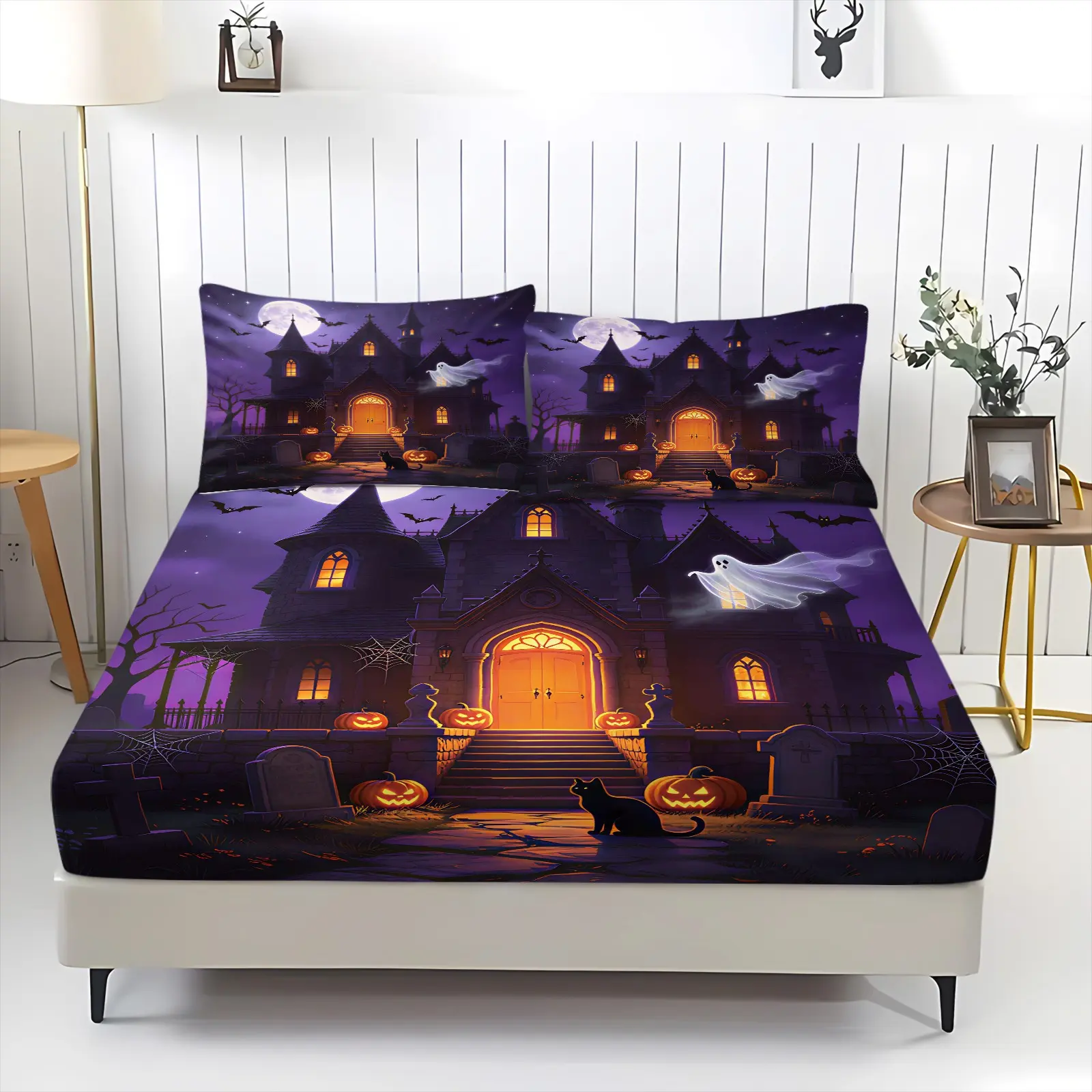 3Pcs Watercolor Halloween Ghost Pumpkin Fitted Sheet Set, Washable Durable Fabric, Mattress Guard, Nice Halloween & Moving Gift For Bedroom