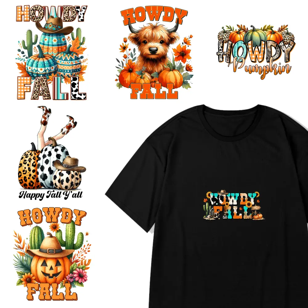 6 Pcs Howdy Fall Iron on Transfers for clothing, T-shirts, jeans, backpacks, hats, pillows. Washable heat transfer stickers iron on decals Transfers Sticker On Clothes Easy to heat press decals Iron on Decals for T Shirts