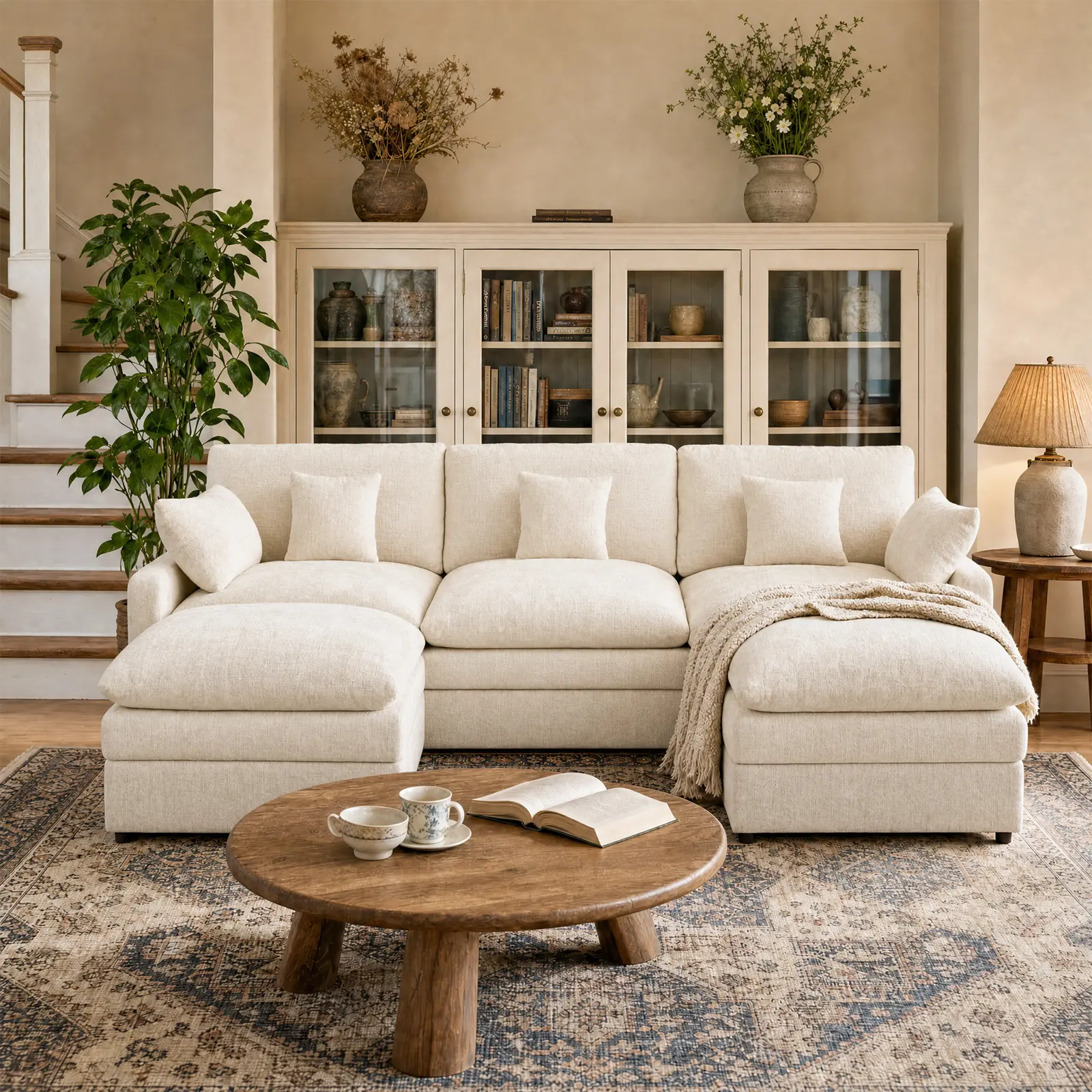 107.8" U Shaped Cloud Couch - Modular Sectional Sofa with 2 Movable Ottomans & Soft Chenille Fabric - Modern Gray Living Room Furniture