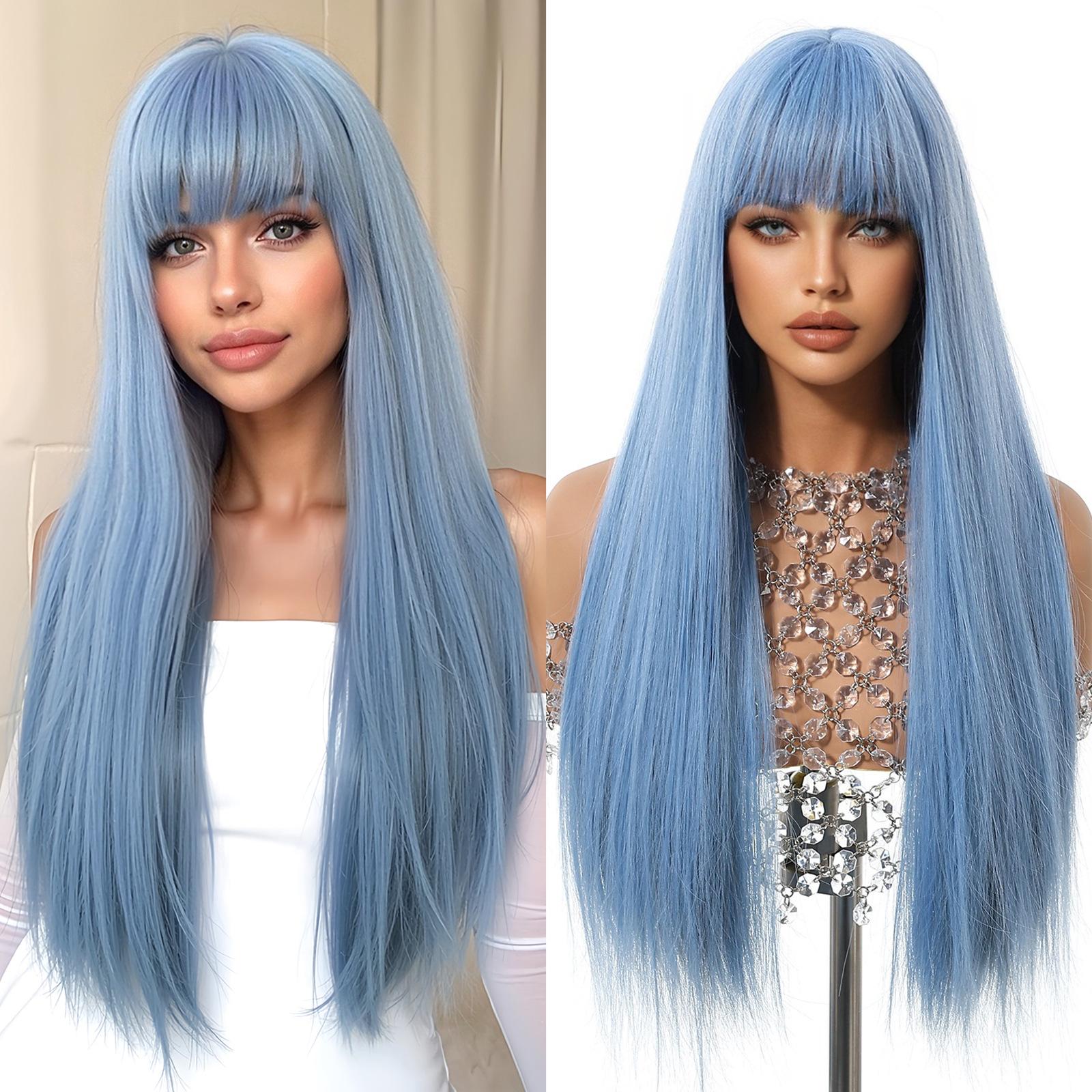 Latest Gray Ombre Straight Hair Wig with Front Fringe High Temperature Synthetic Fiber Easy to Put On Glueless Ventilated European and American Fashion Hair Topper