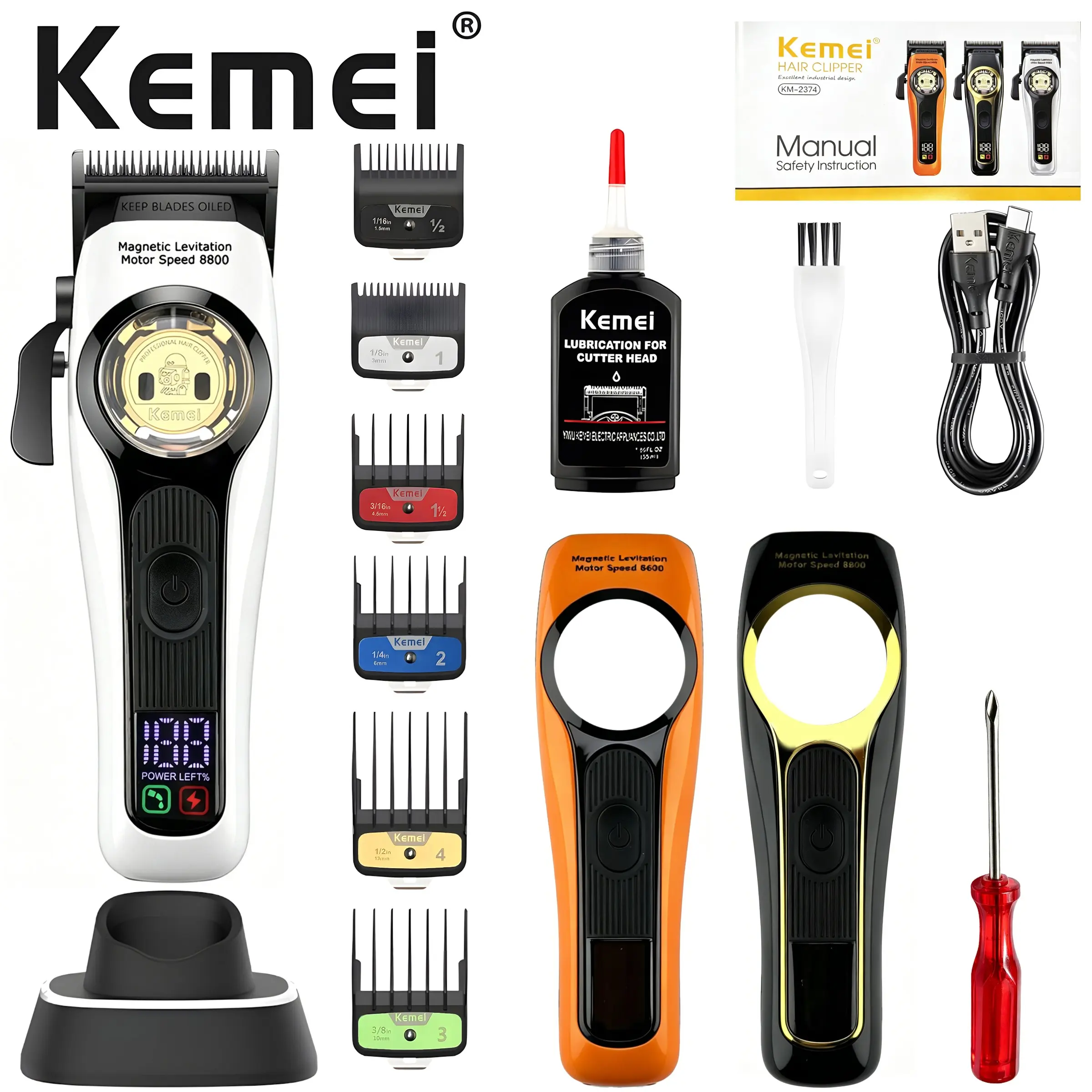 Km-2373 Professional Hair Clipper, Cordless Clipper, Upgrade Large Capacity Battery, HD LED Display, Three Fashionable Covers, Sharp Heat-Resistant Blade, USB Rechargeable Clippers, Hair Cutting Tool