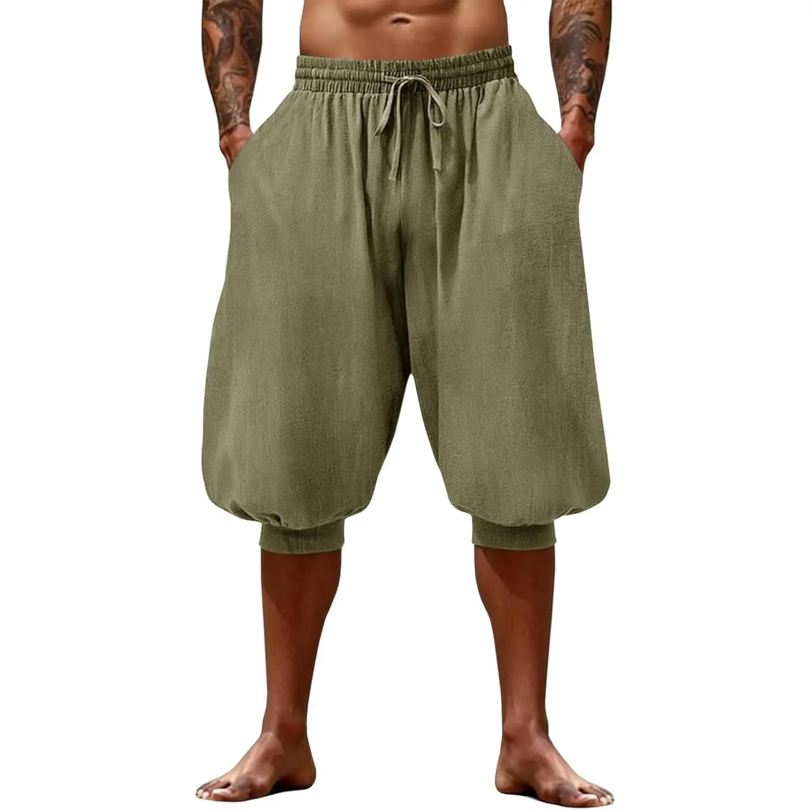Runcati Mens Harem Pants Casual Elastic Waist Drawstring Baggy Hippie Shorts Cotton Linen Summer Beach Boho Yoga Trousers