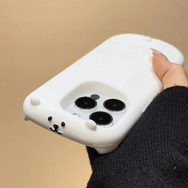 Cute 3D Bear White Soft Silicone Phone Case For iPhone 11 12 13 14 15 16 17 Pro Max Kawaii Cartoon Back Cover