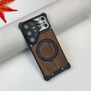 New high-end walnut metal frameless phone case with horse face, for Samsung Galaxy S26 S25 S24 S23 Ultra 360 ° rotating magnetic bracket protective cover Accessories