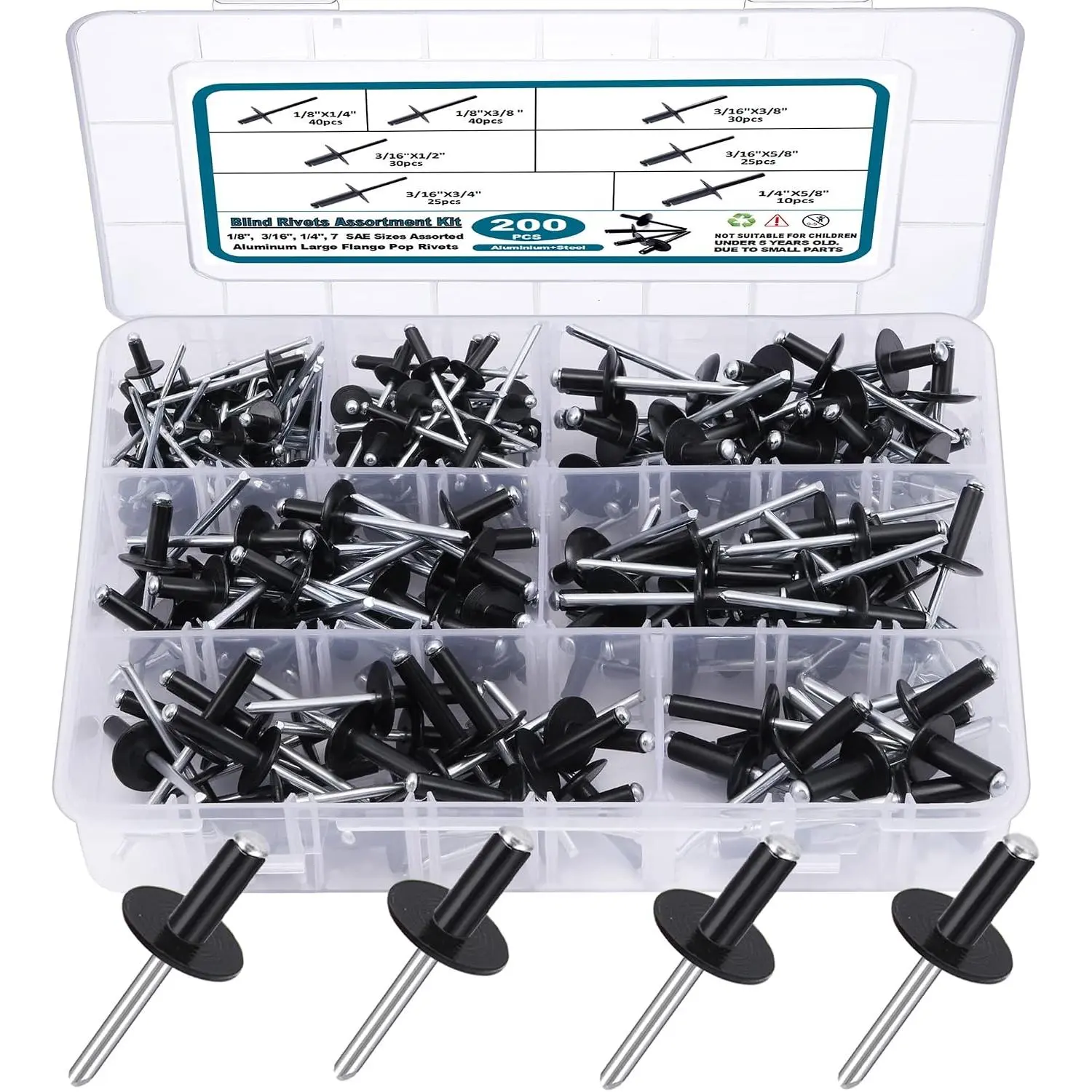 200 count Black Rivets Pop Rivets  Kit, Large flange  Rivets(1/8" 3/16" 1/4")  Blind Rivets with Case