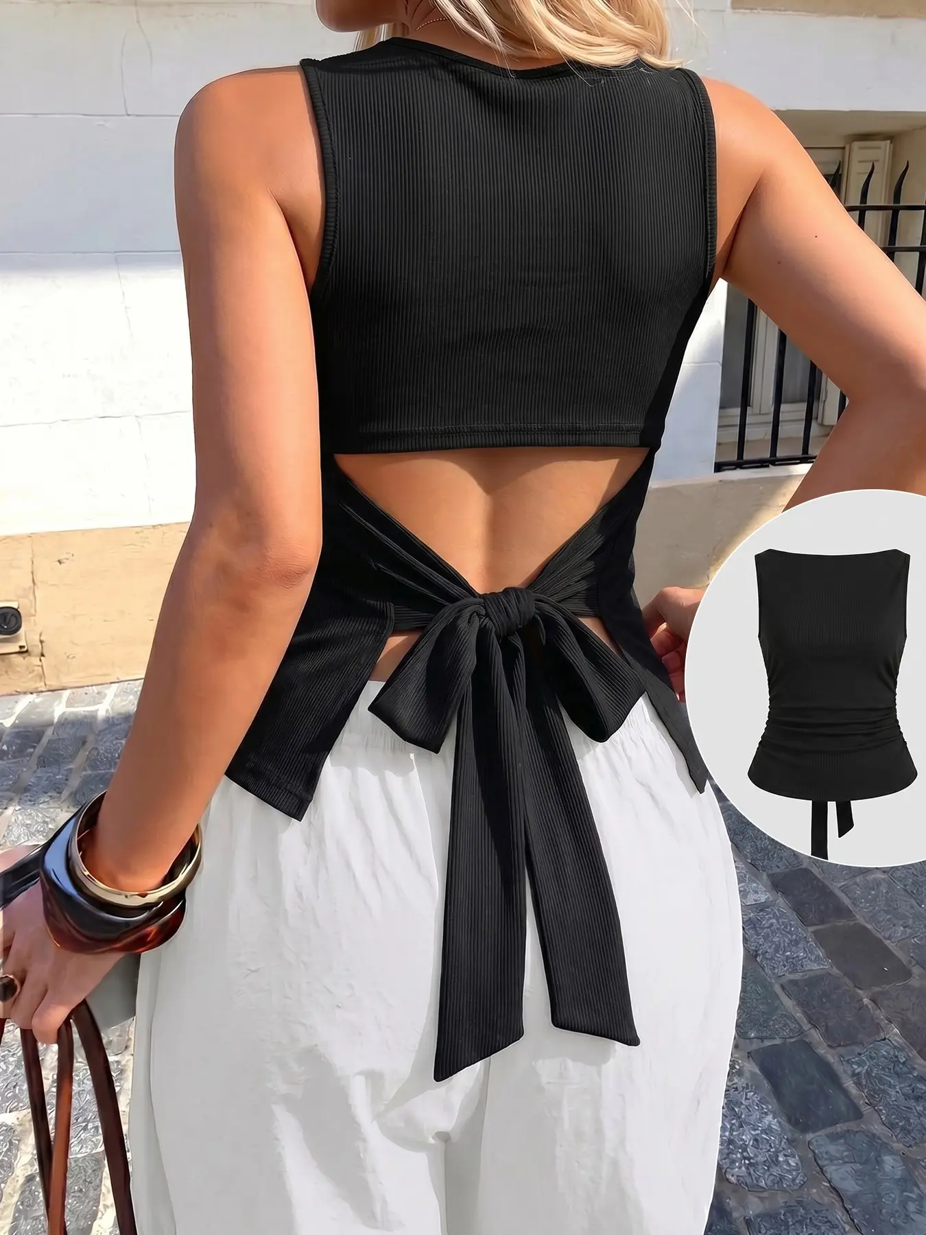 Women's Classic Versatile Basic Solid Color Slim Fit Ribbed Sleeveless Tank Top, Elegant Back Bow Tie, Classy Tops, Perfect for Summer
