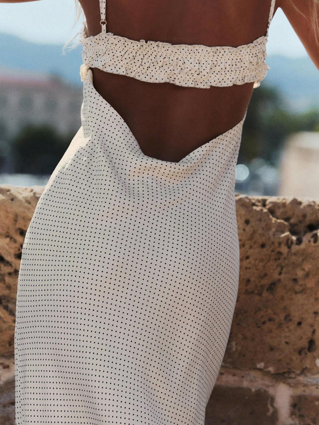 Women's Polka Dot Print Frill Trim Tie Front Cami Dress, Casual Boho Style Fitted Adjustable Strap Zipper Back Midi Dress for Summer, Capri Sun Dress, Ladies Clothes for Beach Holiday, Casual Boho Fashion