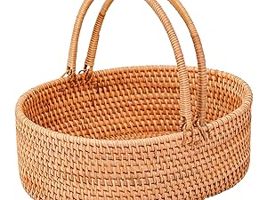 Rattan Picnic Basket with Handles, Oval Wicker Gift Basket Hand-Woven Basket for Fruit, Basket for Wedding, Camping(12.6 "* 9" * 4 ")