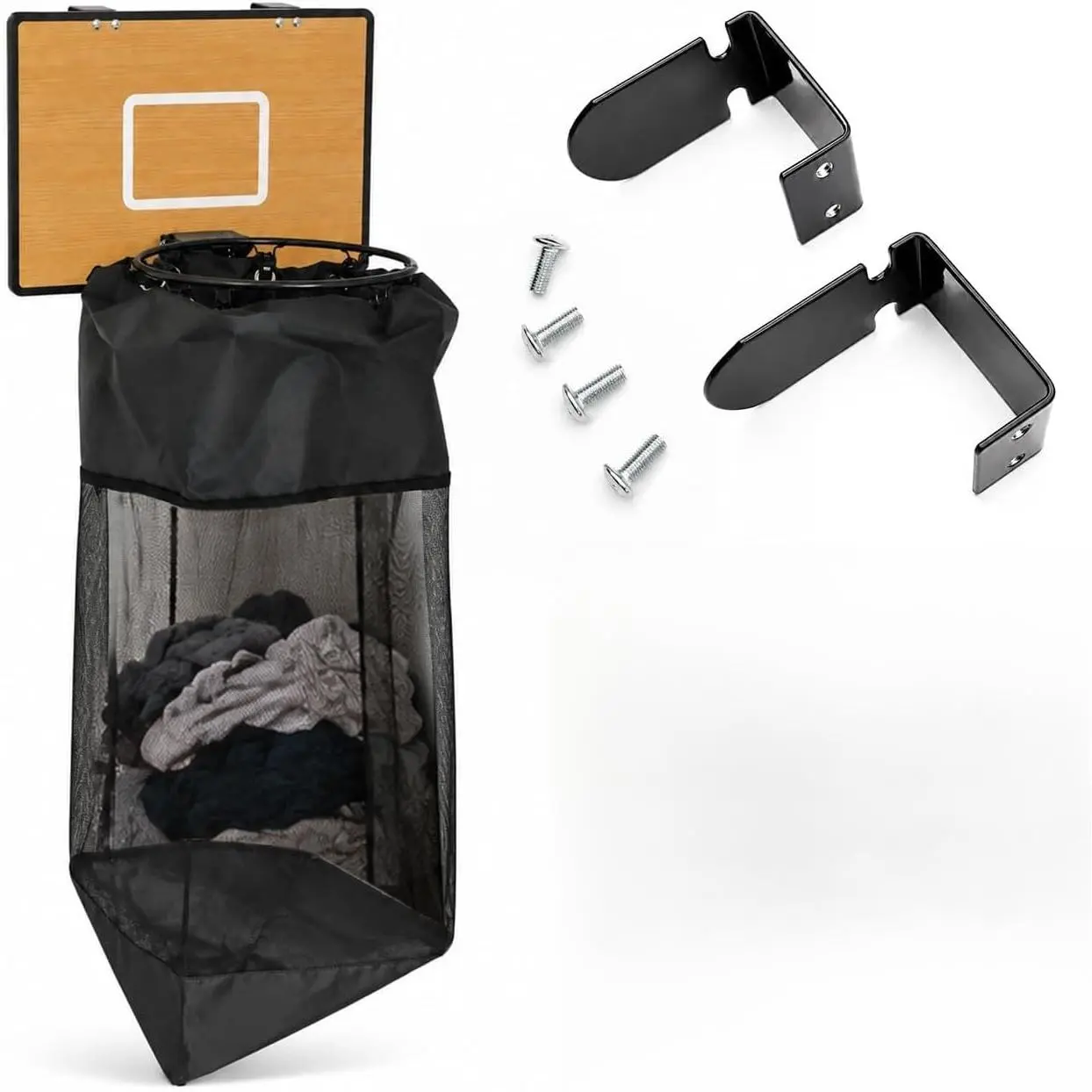 Wooden Basketball Hamper - Over the Door Hoop Laundry Basket, Hanging Clothes Organizer for Dorm & Bedroom, Space Saving Wooden Backboard with Zipper Bottom - Room Decor