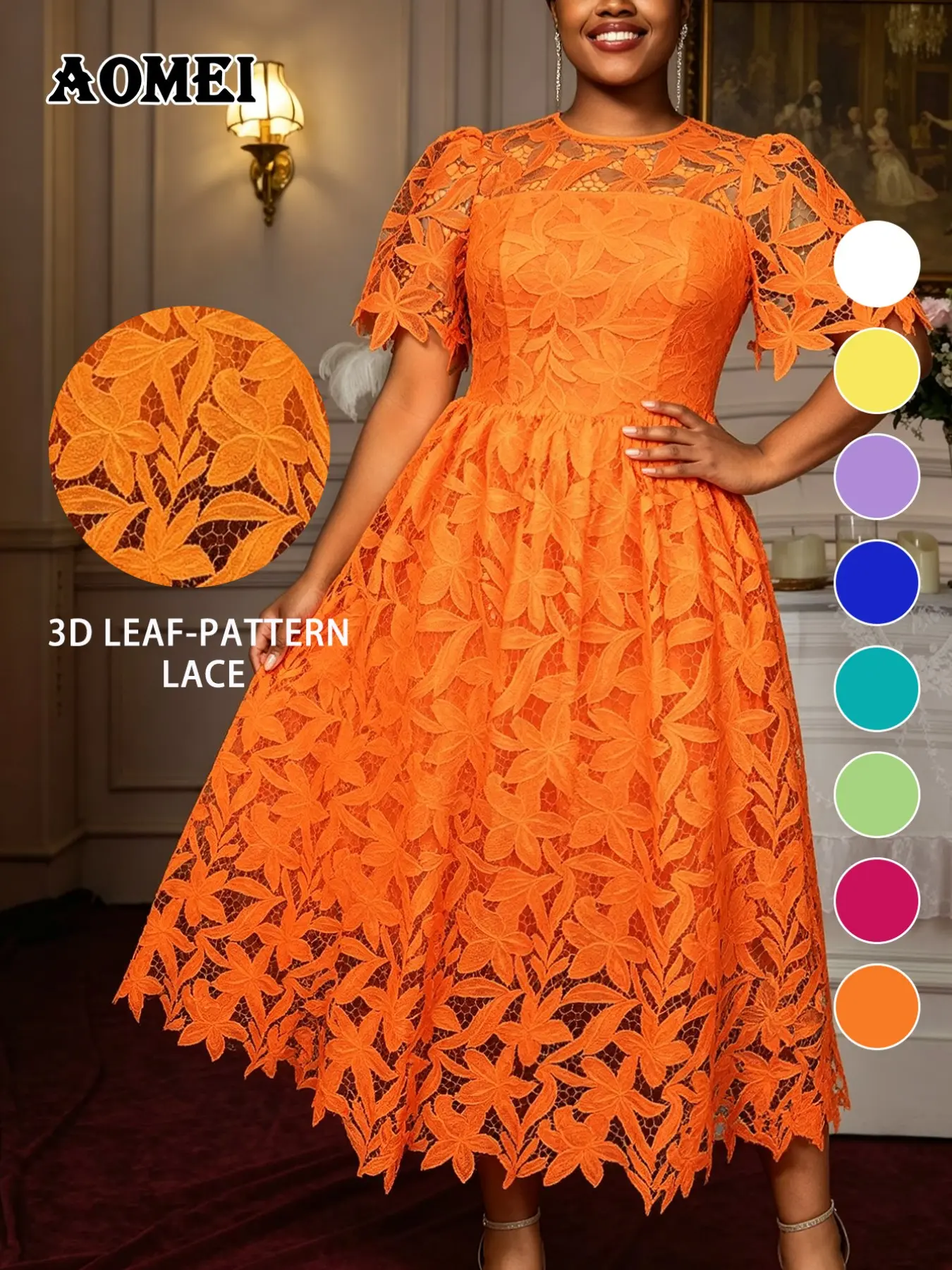 Plus Size Women's Elegant Feminine Chic Leaf Pattern Lace Flowy Dress, Round Neck Hollow Out Formal Cocktail Party Gown, Romantic Style Evening Wear